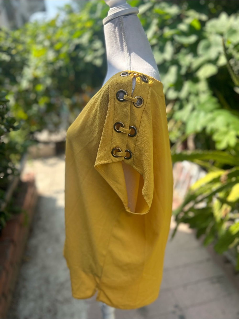 Zenobia Mustard Yellow Short Sleeve Top with Eyelet Detail